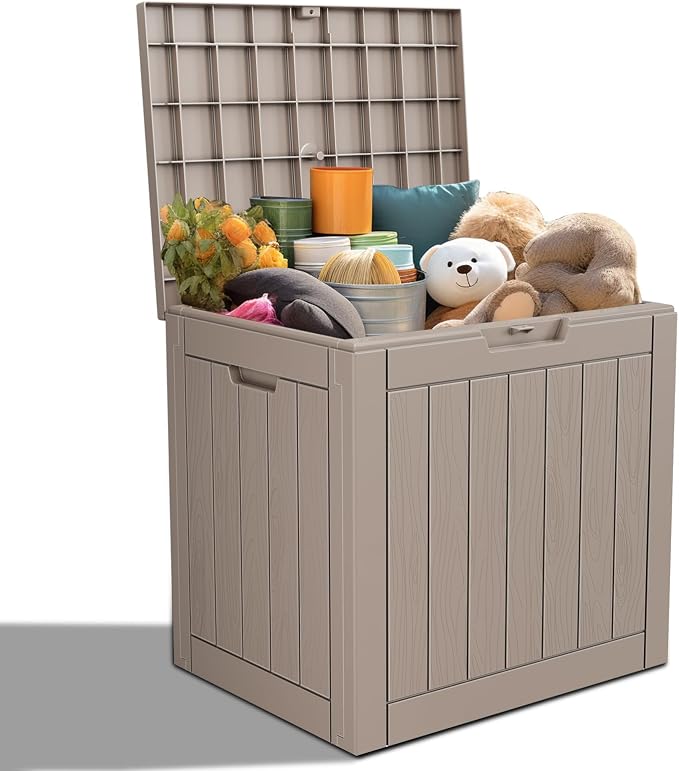 Resin Deck Box, Lockable Patio Outdoor Storage Box for Furniture, Garden Tools and Tools Storage, Waterproof Outside Storage Boxes (Grey, 31 Gallon)