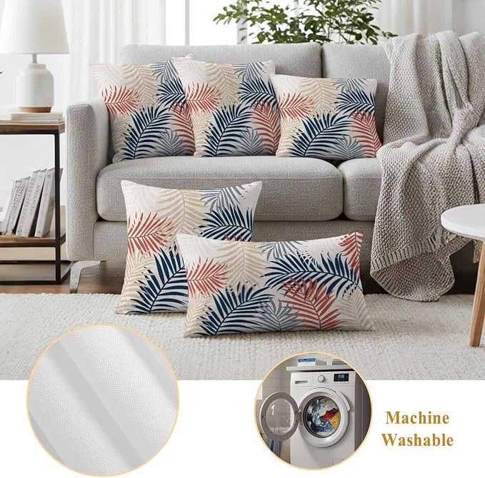 Outdoor Waterproof Throw Pillow Covers, Red Blue Yellow Palm Leaves Decorative Pillow Cases, Summer Botanical Tropical Leaf Couch Pillow Protector Patio Sofa Cushion Covers Replacement 20"x12" 2 Pack