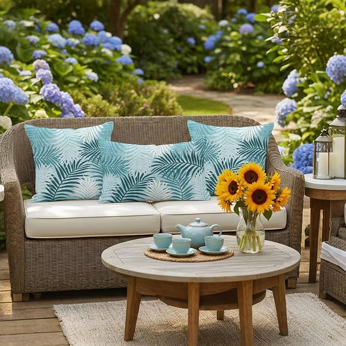 Turquoise Palm Leaves Waterproof Outdoor Pillow Covers Set of 2 Home Decor, Summer Tropical Leaf Plant Lumbar Pillowcase Patio Pillow Covers for Couch Bench Patio Furniture Garden 20x12in