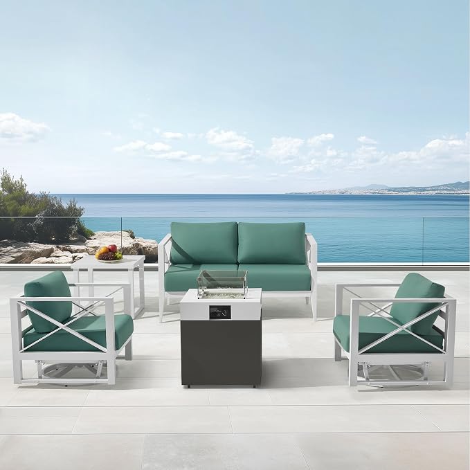 4-Seat Aluminum Patio Furniture Set with Fire Pit – Outdoor Conversation Set with 2 Swivel Rocking Chairs & 37,000 BTU Propane Table, All-Weather for Balcony & Garden – White