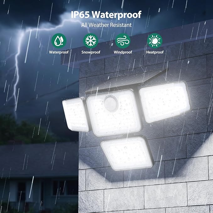 3000LM Solar Lights Outdoor, 4 Adjustable Heads Motion Sensor Security Light, 3 Modes, 6500K, IP65 Waterproof Solar Wall Flood Lights for Garden, Outside, Backyard, 2 Pack