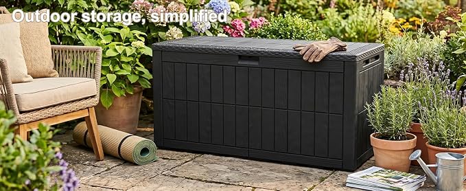Outdoor Storage Box Water Proof Resin Deck Box Lockable Storage Bin for Cushion Patio Furniture Black