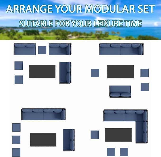 7-Piece Patio Furniture Set, All-Weather Wicker Sectional Sofa with Seat & Back Cushions, Long Glass Coffee Table, Outdoor Rattan Conversation Set for Garden, Porch, Lawn, Blue