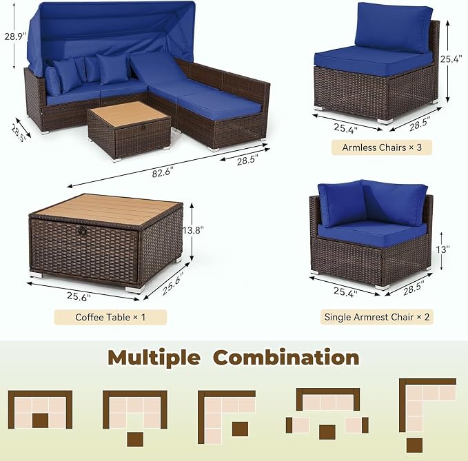 6-Piece Outdoor Sectional Sofa Set with Retractable Canopy and Adjustable Backrest, Patio Conversation Set Rattan Garden Lounge Furniture for Backyard, Deck, Porch, or Balcony Seating(Blue)
