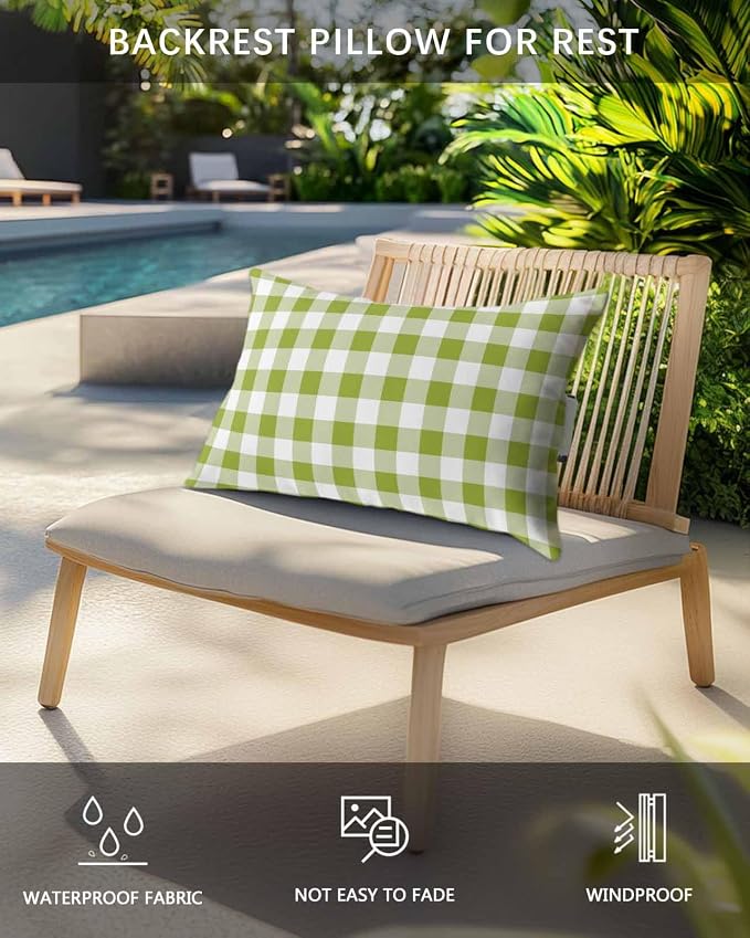 Pack of 4 Outdoor Lumbar Pillow Covers 12x20 Inch, Green Plaid Waterproof Throw Pillow Covers Set, Gradient Geometric Buffalo White Checkered Indoor&Outdoor Cushion Cases for Patio Porch Beach