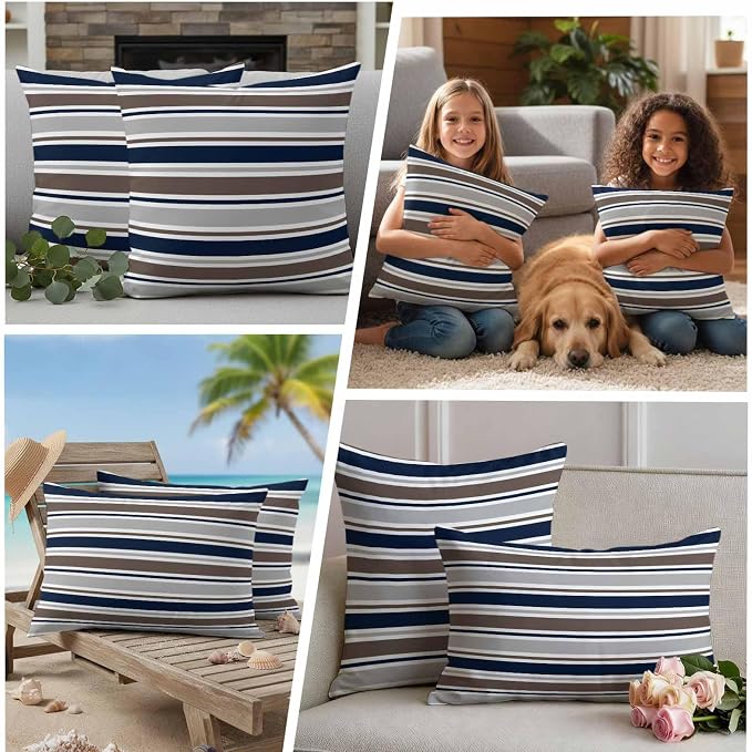 Grey Navy Blue Striped Outdoor Pillow Cover 18x18 Inch Cushion Sham Case, Farmhouse Stripes Modern Abstract Art Waterproof Decorative Square Throw Pillowcase for Outside Garden Patio Porch Couch Chair