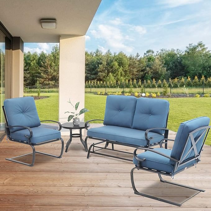 4 Pcs Outdoor Wrought Iron Furniture Patio Conversation Set with Glider Loveseat, 2 Spring Chairs, and Coffee Table (Peacock Blue)