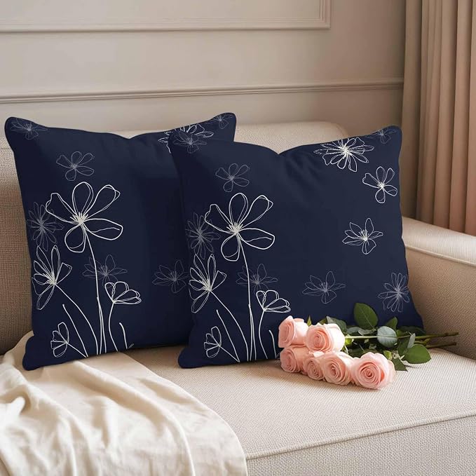 Throw Pillow Covers 24x24 Inch Set of 2, Navy Blue Waterproof Outdoor Pillow Covers, Spring Flora Decorative Cushion Pillowcases for Couch, Sofa, Bed, Garden, Patio