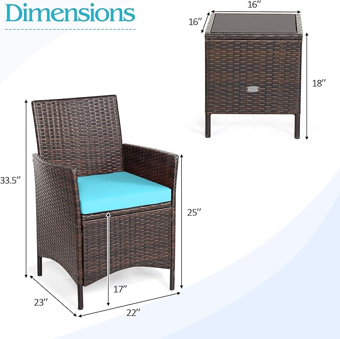 Tangkula 3-Piece Patio Conversation Set, Wicker Chairs with Glass Top Square Coffee Table & Cushions, All-Weather Outdoor Rattan Furniture Set for Garden Backyard Balcony Poolside (Turquoise)