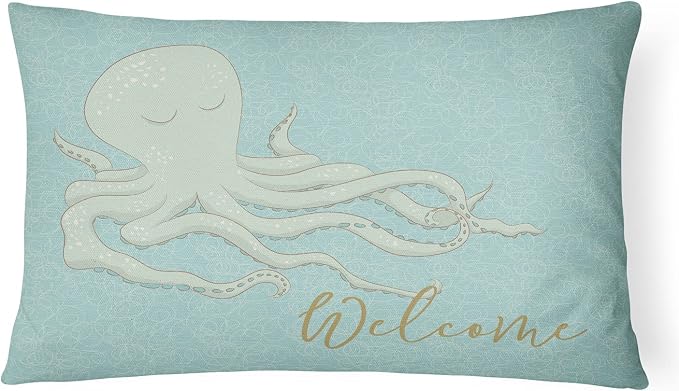 Caroline's Treasures BB8553PW1216 Octopus Welcome Canvas Fabric Decorative Pillow Machine Washable, Indoor Outdoor Decorative Pillow for Couch, Bed or Patio, 12HX16W