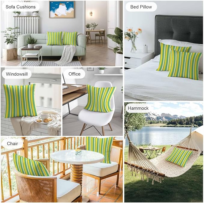 Lemon Green Yellow Outdoor Pillow Covers 24x24 Inch Throw Pillow Covers Set of 2 Waterproof Decorative Pillow Cases Summer Modern Farmhouse Striped Cushion Covers for Patio Furniture Garden Couch Sofa