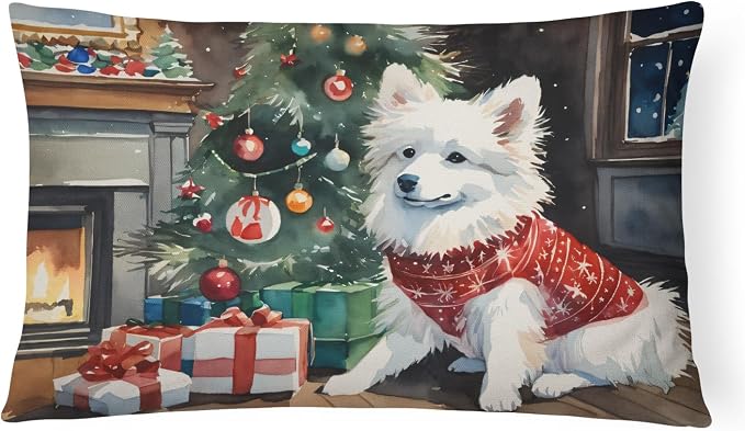 Caroline's Treasures DAC2595PW1216 American Eskimo Cozy Christmas Throw Pillow Machine Washable, Indoor Outdoor Decorative Pillow for Couch, Bed or Patio, 12HX16W
