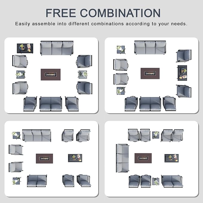12 Pieces Patio Conversation Sets, All Weather Metal Outdoor Furniture Set 3-Seater 4 Swivel Rockers with 2 Side Tables 2 Single Chairs 1 Loveseat with Coffee Table and Fire Pit Table, Gray