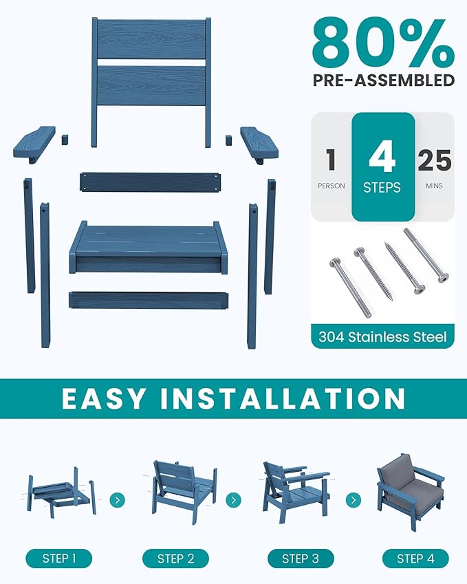 SERWALL HDPE Outdoor Furniture Set, 7 Piece All Weather Wood-Like Outdoor Sofa Sectional Couch, Blue Patio Furniture Set with Grey Cushions