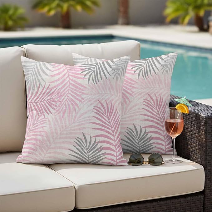 Outdoor Waterproof Throw Pillow Covers, Pink Grey Palm Leaves Decorative Pillow Cases, Summer Botanical Tropical Leaf Couch Pillow Protector Patio Sofa Cushion Covers Replacement 26"x26" 2 Pack