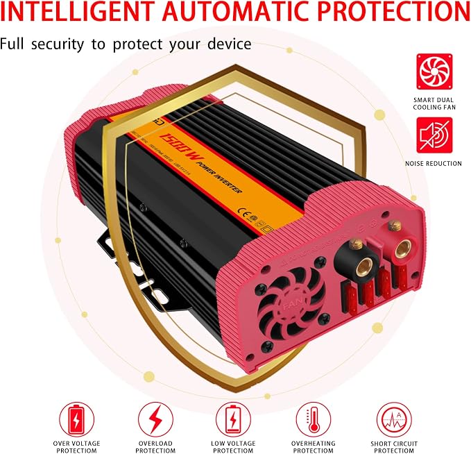 1500W Car Power Inverter DC 12V to AC 110V Car Converter Charger Adapter with Dual Outlets and 4.2A Dual USB Ports DC to AC Power Inverter for Truck Outdoor Home Camping RV Hurricane Emergency Red