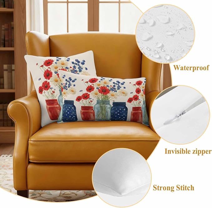 Independence Day Waterproof Outdoor Pillow Covers Set of 2 Home Decor, Red Blue Patriotic Poppy Flower Daisy Pillowcase Patio Pillow Covers for Couch Bench Furniture Garden 20x12in