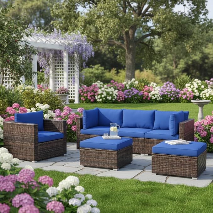 Tangkula 6 Pieces Wicker Patio Furniture Set, PE Rattan Outdoor Sectional Conversation Set with Glass Coffee Table & Ottoman, Wicker Sofa Set with Cushions for Yard Garden, Deck, Porch, Navy