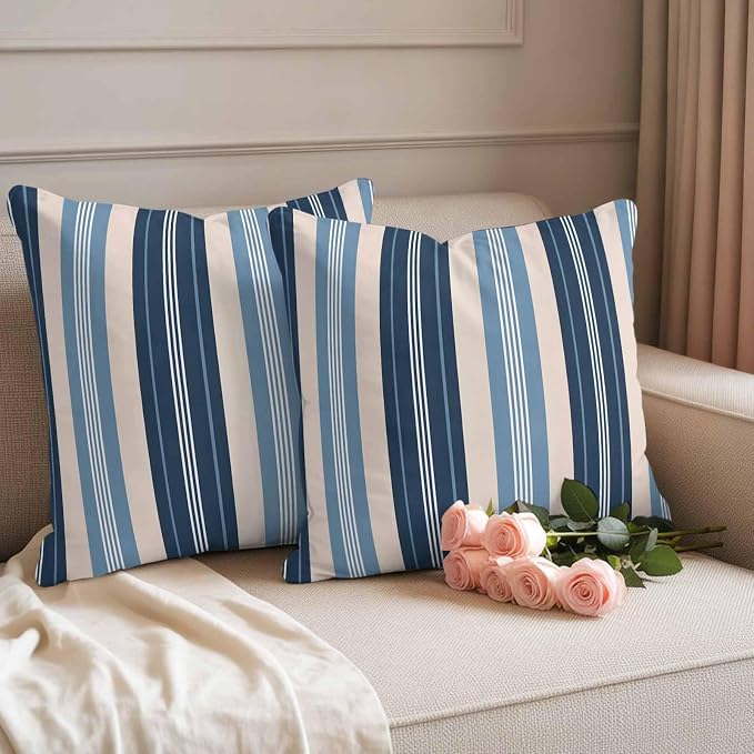 Blue Beige Striped Waterproof Outdoor Pillow Covers Set of 2 Home Decor, Modern Stripes Art Farmhouse Pillowcase Patio Pillow Covers for Couch Bench Furniture Garden 24x24in