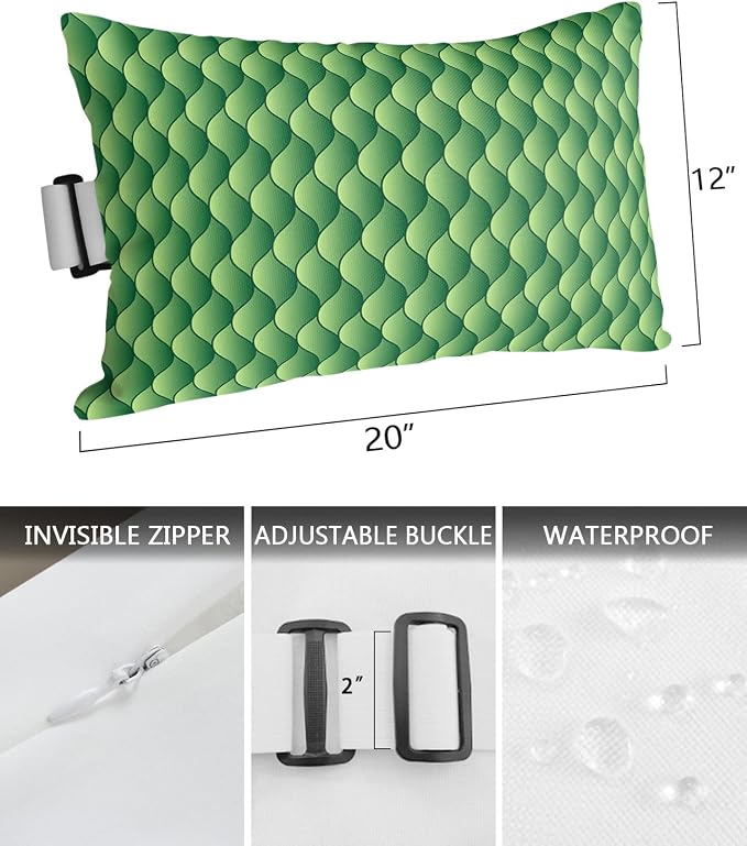 Outdoor Pillows Covers with Inserts Summer Abstract Geometric Ombre Green Ocean Wave Waterproof Pillow with Adjustable Strap Throw Pillows for Patio Furniture Recliner Lounge Chair, 12x20 inch, 2PCS
