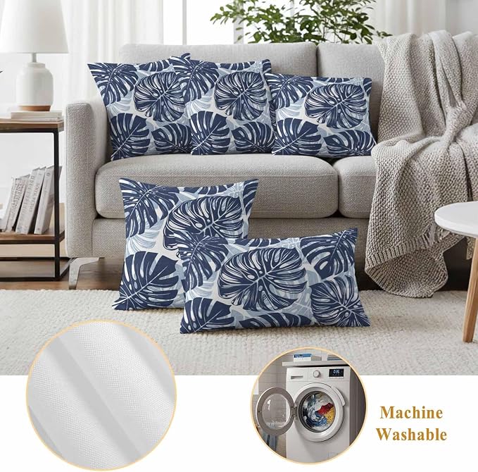 Navy Blue Leaf Outdoor Pillow Covers Set of 2 Tropical Country Watercolor Jungle Botanical Leaves Waterproof Throw Pillow Cover Decorative Cushion Cases for Patio Porch Garden 16X16 Inch