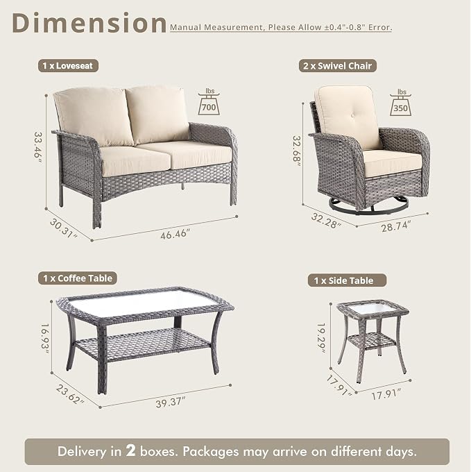 Weaxty Wicker Patio Furniture Set with Swivel Rocker Chairs Outdoor Loveseat Sofa and Rattan Coffee Table, 5 Pieces Outdoor Conversation Sets for Patio Porch Deck Backyard Poolside,Beige