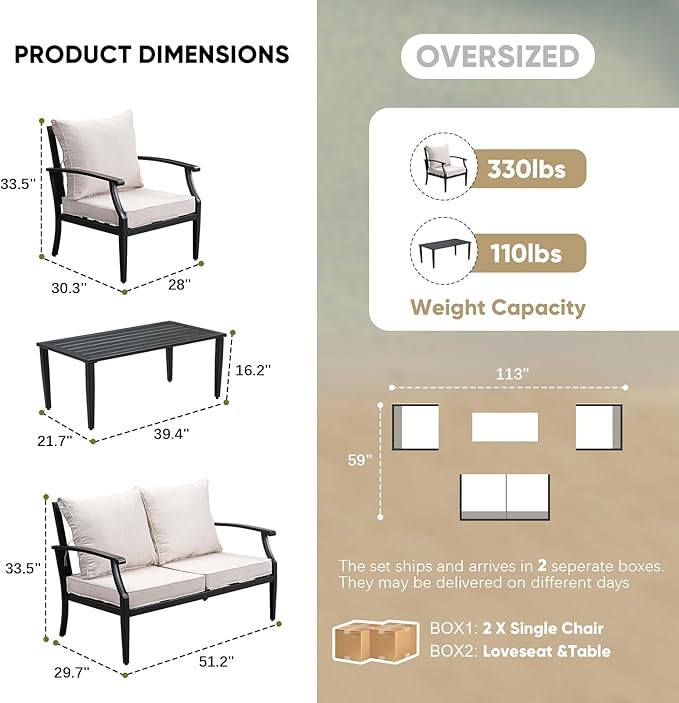 JOYURE 4 Pieces Patio Furniture Set w/loveseat,Coffe Table,Outdoor Conversation Metal Sofa with High Back and Thick Cushion,for Backyard,Garden,Beige