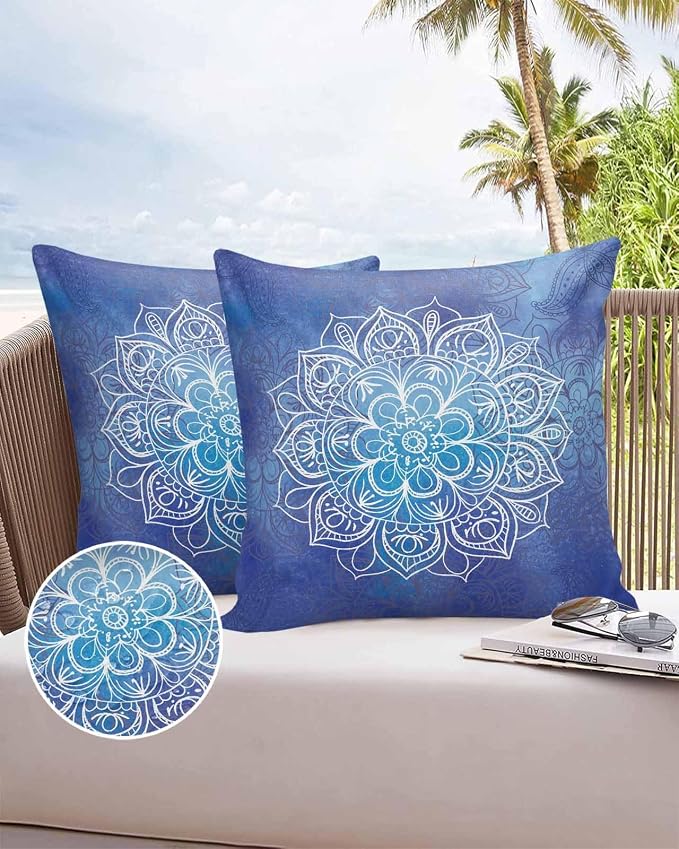 Vandarllin Outdoor Throw Pillows Covers 20x20 inch Set of 2 Waterproof Blue Boho Floral Decorative Zippered Cushion Covers for Patio Furniture, Bohemian Flower Lumbar Pillowcases
