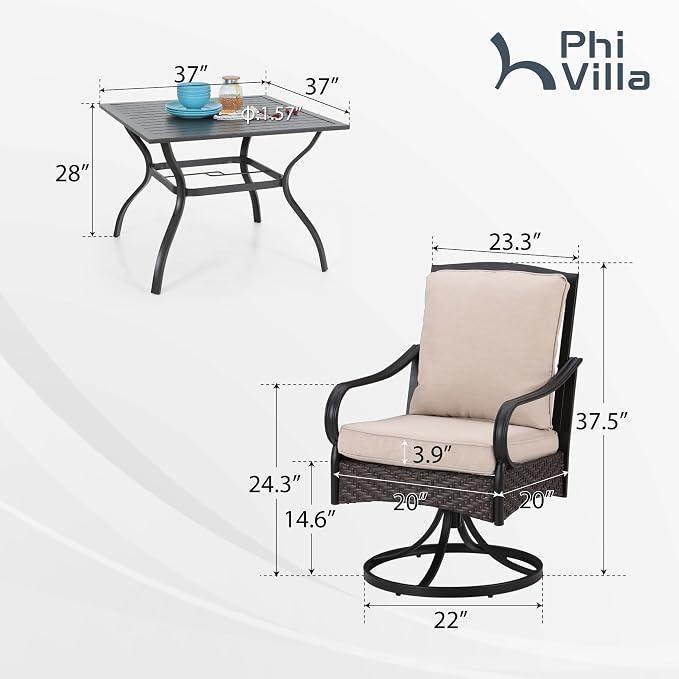 PHI VILLA 5 Piece Patio Dining Set, Square Table, Swivel Wicker Chairs | Heavy Duty Patio Table Set for Deck, 4 Extra Large Outdoor Metal Wicker Dining Chairs with Thick Cushions