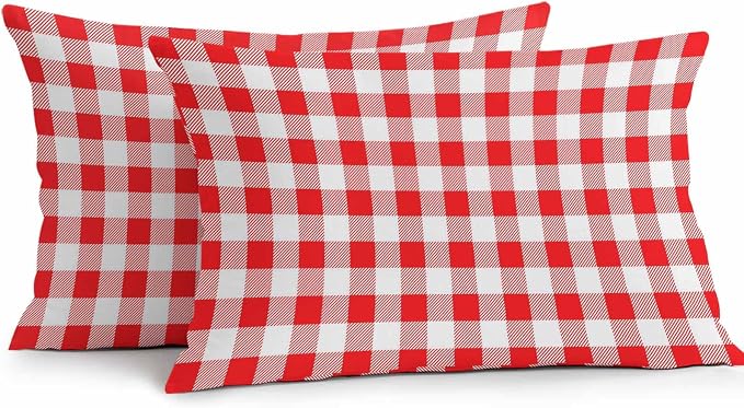 Red White Plaid Waterproof Outdoor Pillow Covers Set of 2 Home Decor Modern Farmhouse Buffalo Check Gingham Pillowcase Patio Pillow Covers for Couch Bench Furniture Garden 20x12in