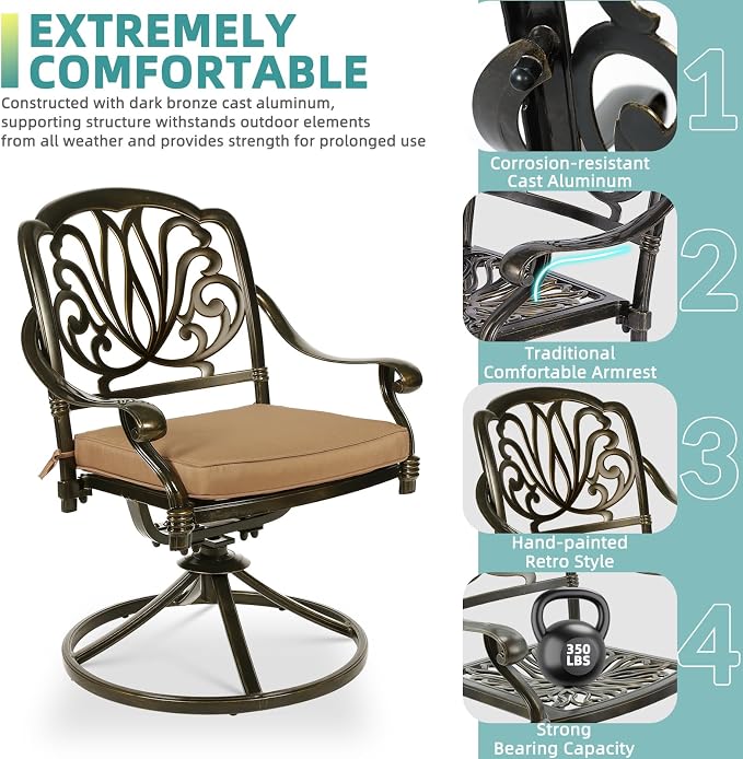 MEETWARM 7-Piece Outdoor Patio Dining Set, All-Weather Cast Aluminum Patio Conversation Set for Backyard Garden Deck with 6 Cushioned Swivel Rocker Chairs, 1 Rectangular Table, 2" Umbrella Hole