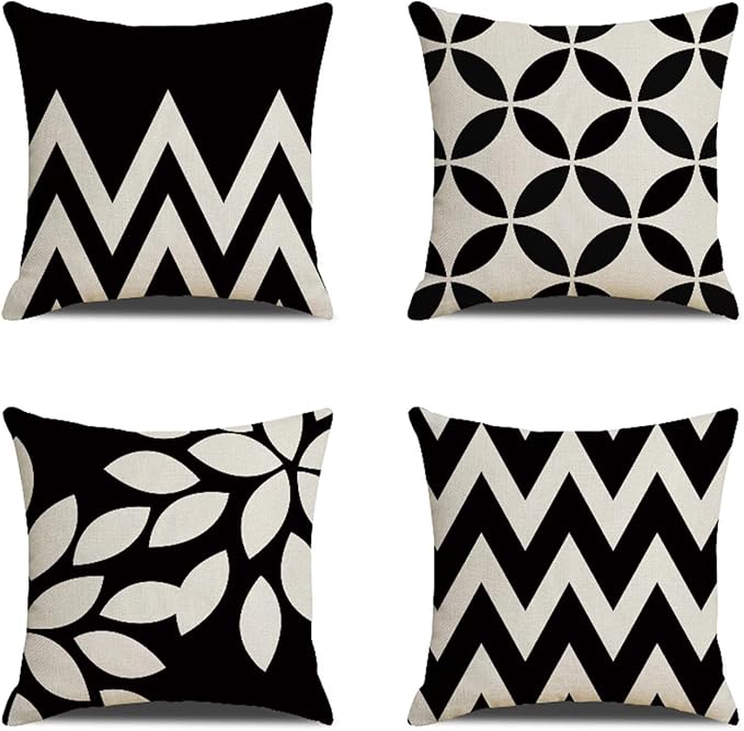 Throw Pillow Covers 14x14 in Set of 4 black Pillow Covers White Square Decorative Pillows Linen Outdoor Pillowcases With Invisible Zipper Sofa Cushion Covers for Couch Livingroom Car Home Decor Gifts