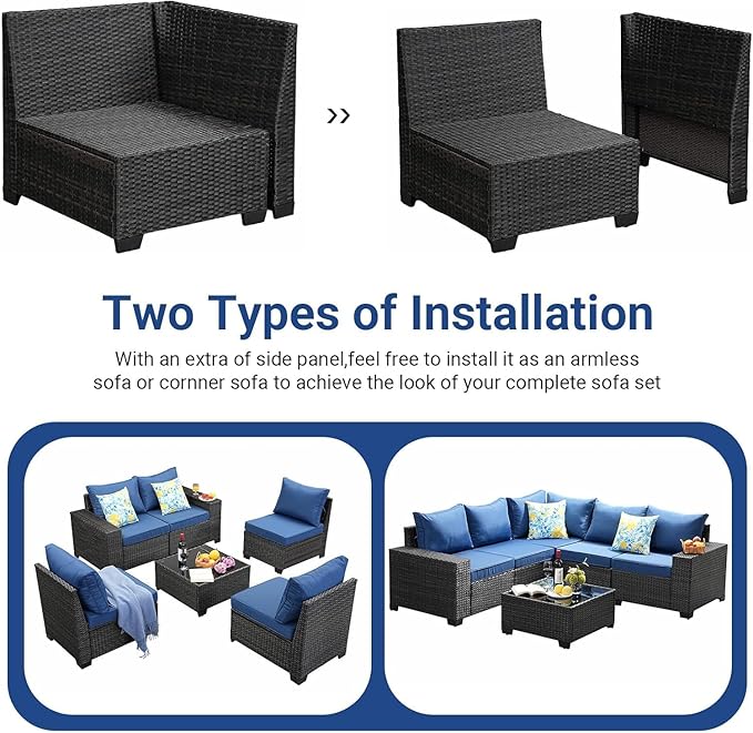 Patio Furniture Set, 8 Pieces Outdoor Couch Sofa with Wider Armrests & Glass Coffee Table, Outdoor Sectional Furniture with Thick Cushions for Party, Poolside,Garden-Navy
