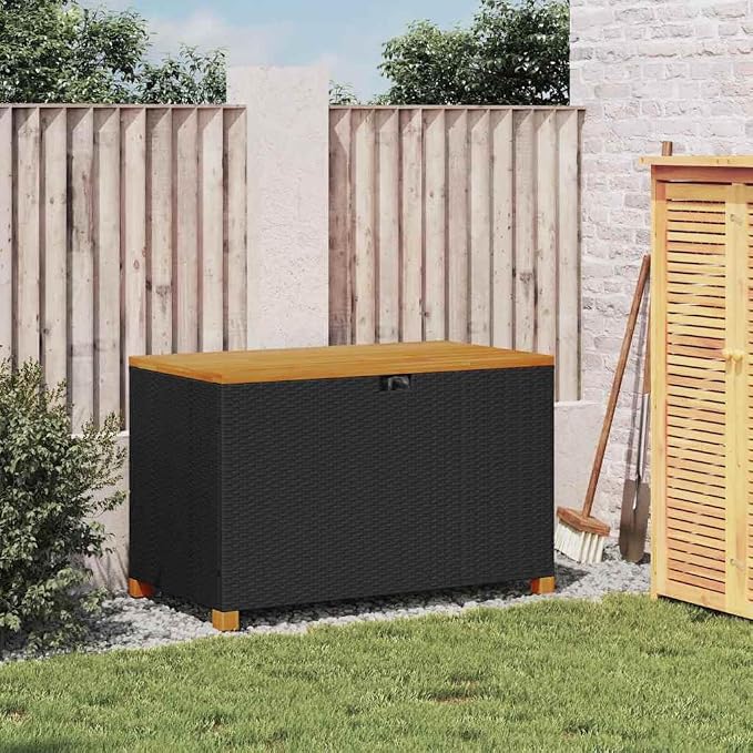 Outdoor Storage Box with Acacia Wood Frame and Poly Rattan Design 21.7 x 43.3 x 24.8 Inches Weather Resistant for Garden Patio and Balcony