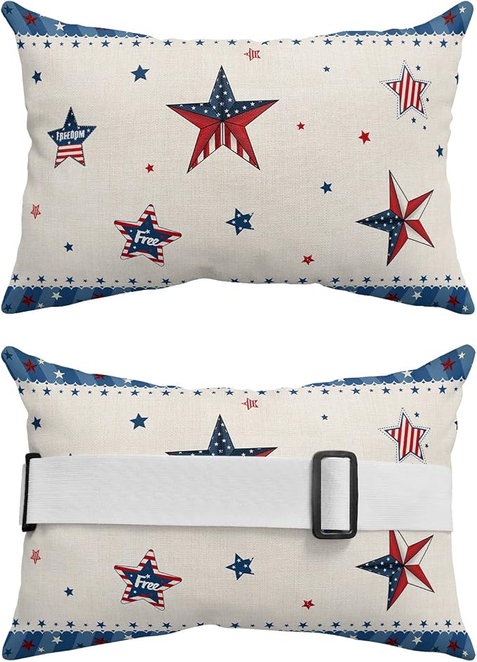 Outdoor Pillows Covers with Inserts 4th of July USA Flag Star Patriot Cotton Linen Waterproof Pillow with Adjustable Strap Throw Pillows for Patio Furniture Recliner Lounge Chair, 11x16 inch, 1PCS