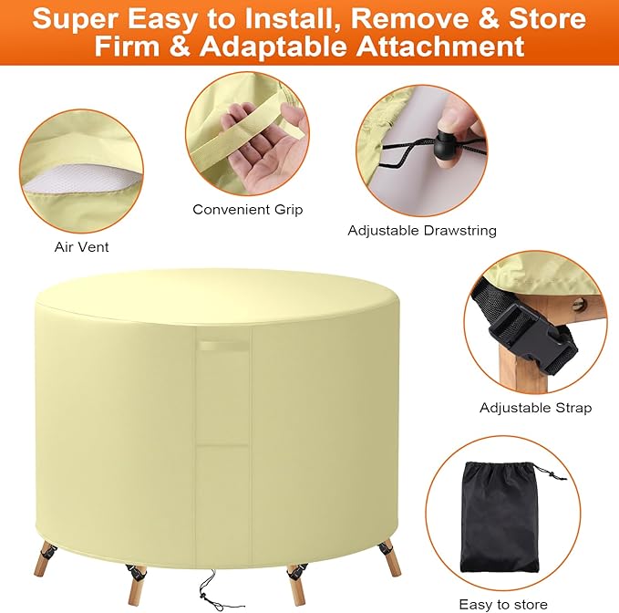 88"(D) x 32"(H) Round Outdoor Furniture Cover, Custom Heavy Duty 420D Waterproof Patio Furniture Cover with Drawstring & Buckles for Table Chair Garden, Cream