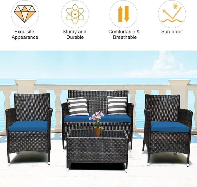 Tangkula 4 Pieces Patio Rattan Conversation Set with Tempered Glass Coffee Table & Thick Cushion, Wicker Set for Garden, Lawn, Poolside and Backyard