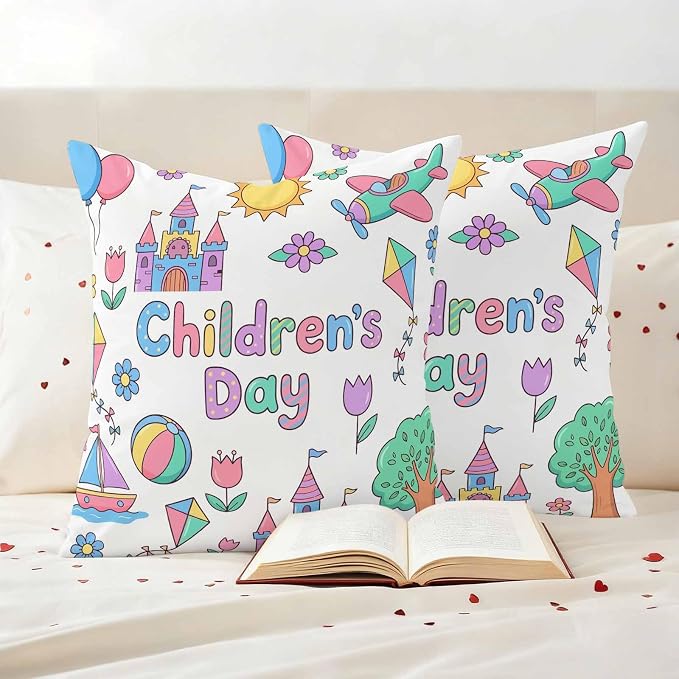 Pack of 2 Children's Day Outdoor Pillow Covers Decorative, Waterproof Pillow Protector, Airplanes Sailing Boats Tree Cartoon School Throw Pillowcases Accent Cushion Cases for Patio Couch Sofa 26"x26"