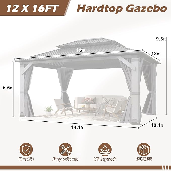 12' x 16' Wood Gazebo, Outdoor Cedar Wood Hardtop Gazebo with Galvanized Steel Doule Roof, Wooden Frame Gazebos with Netting and Curtains for Patio, Backyard, Deck