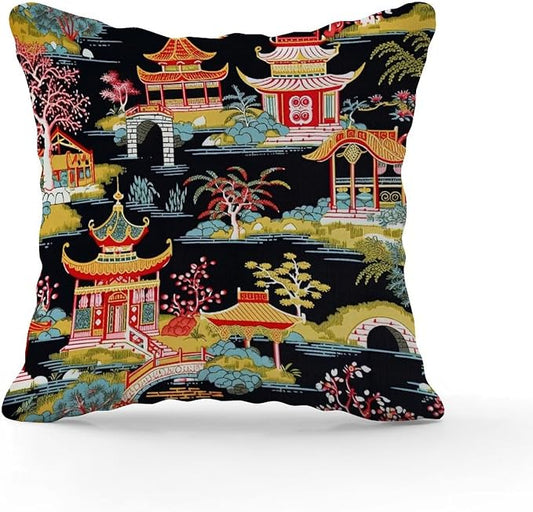 Chinoiserie Charcoal Coral Pagoda Asian Throw Pillow Covers Chinoiserie Chic Asian Pillowcase 24x24 INRetro Accent Outdoor Garden Decoration for Sofa Patio Couch