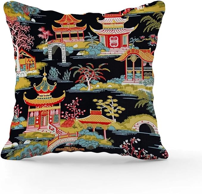 Pillow Cover Chinoiserie Charcoal Coral Pagoda Asian Pillows Classic Chinoiserie Chic Asian Pillow Cover Accent Decorative Cushion Covers Home Decor for Patio Furniture Porch 18x18 in