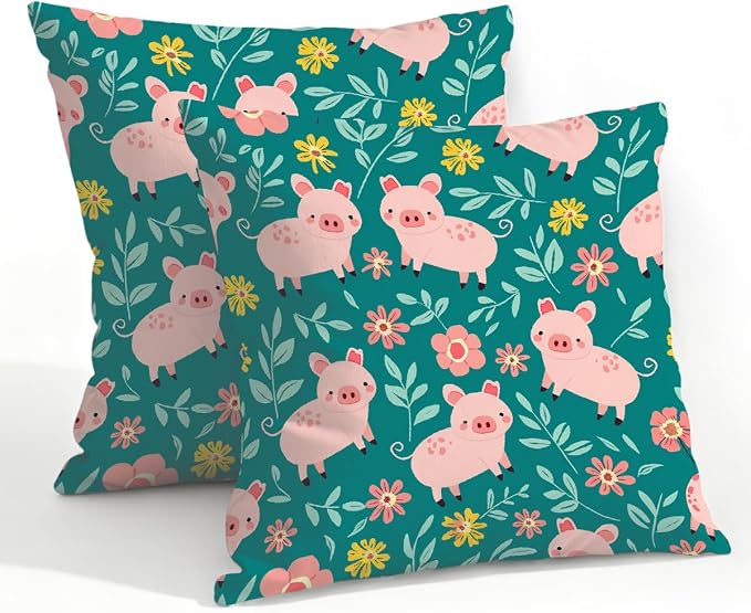 22x22 Inch Outdoor Pillow Covers Set of 2 Waterproof Throw Pillow Covers Decorative Couch Cushion Covers Pigs Green Leaves Square Pillowcases Protectors for Patio Garden Sofa