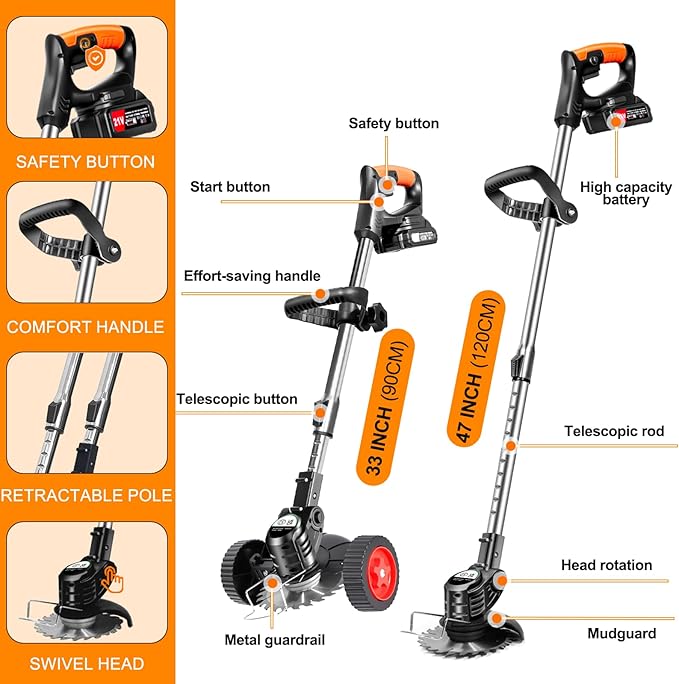 Cordless Weed Wacker Eater Battery Powered Electric Weed Trimmer with 2 21V/2.0Ah Battery Operated & Weed Storage Bag, No-String Grass Trimmer 4 Types Blades for Garden Yard