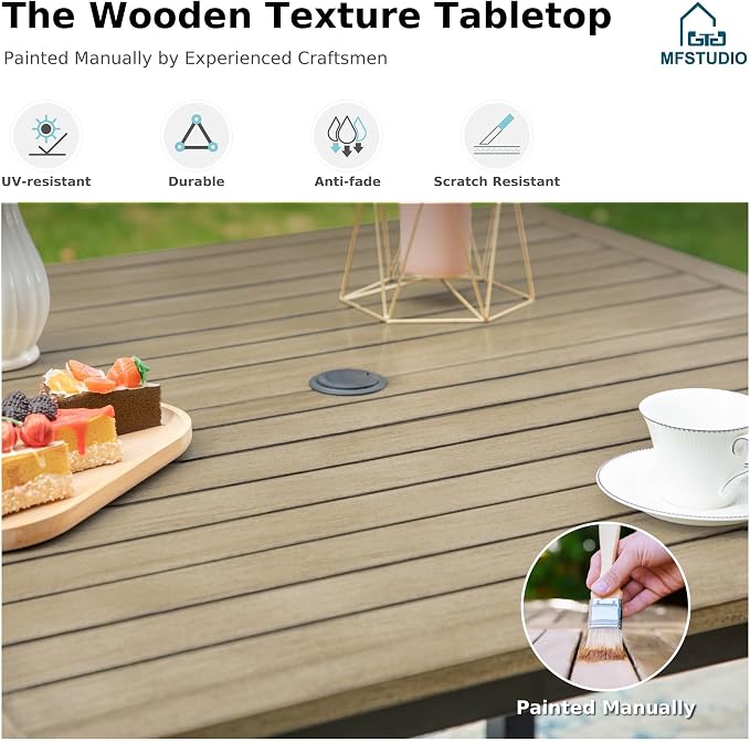 MFSTUDIO Patio Dining Set, 42" Square Wood-Look Table, Fixed Chairs | Umbrella Hole, Seats 4, All-Weather Use