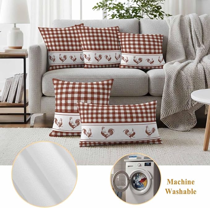 Outdoor Waterproof Throw Pillow Covers Set of 2 Chicken Cock Rooster Pillowcases 18x18 Inches Farmhouse Animal Red Buffalo Plaid Decorative Pillows Cushion Case Patio Pillows for Couch Bed Chair