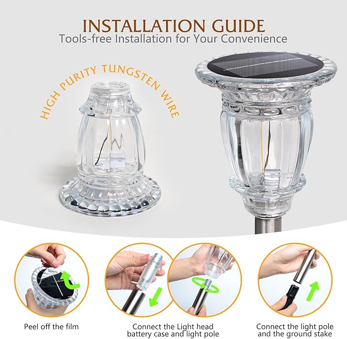 Solar Pathway Lights Outdoor 4 Pack, Warm White Solar Garden Lights, 17.5" IP65 Waterproof Glass Stainless Steel Tungsten Solar Powered Landscape Lights for Yard Walkway Driveway Patio Lawn Flower Bed