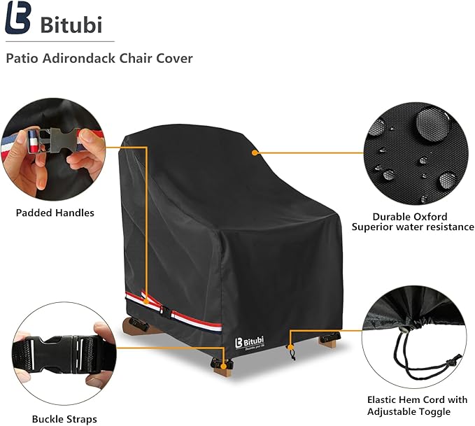 Bitubi Waterproof 2 Pack Patio Adirondack Chair Cover for Outdoor Chair Size Up to 35W x 37D x 36H inch,Outdoor Lawn Patio Furniture Covers (Black)
