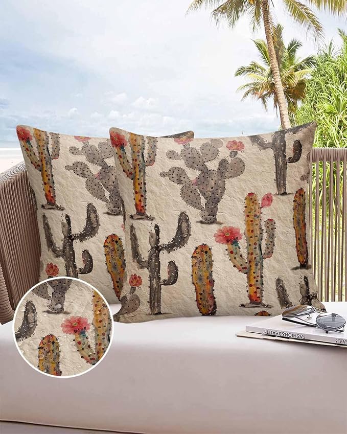 Vandarllin Outdoor Throw Pillows Covers 26x26 inch Set of 2 Waterproof Watercolor Cactus Decorative Zippered Cushion Covers for Patio Furniture, Abstract Floral Desert Lumbar Pillowcases