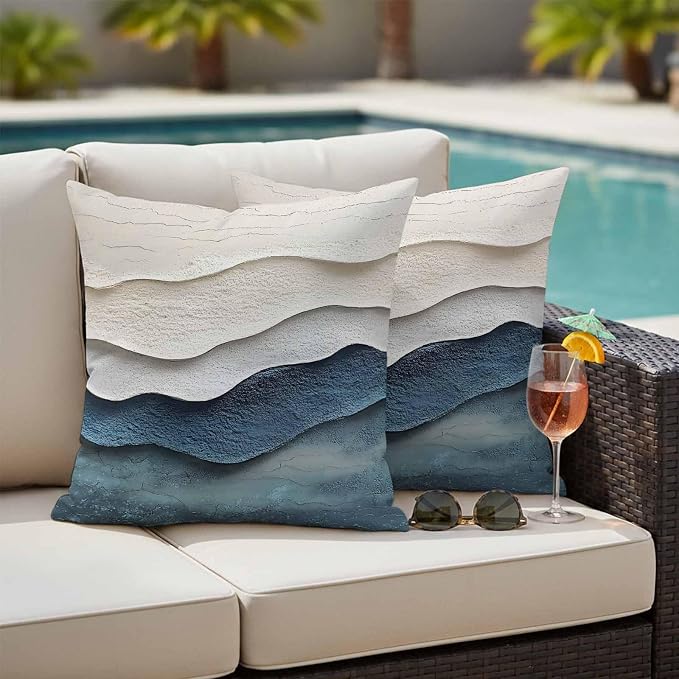 Abstract Waves Beach Art Outdoor Waterproof Throw Pillow Covers Set of 2, 18"x18", Blue Beige Oil Painting Style Decorative Pillow Covers Outside Cushion Case for Patio Porch Garden