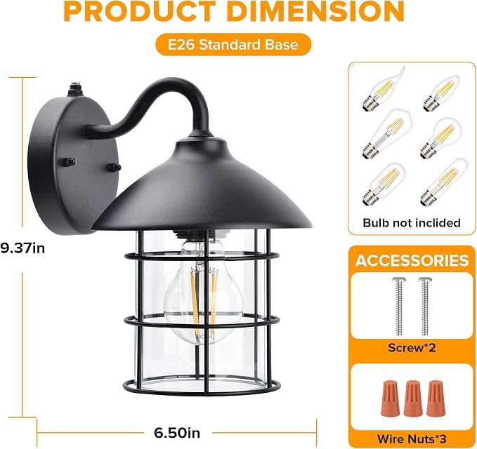 UME 2 Pack Dusk to Dawn Outdoor Wall Lights,Porch Lights,Waterproof Outdoor Wall Sconce, Exterior Light Fixtures E26 Base with Clear Glass Shade for House Garage Patio Front Door Balcony